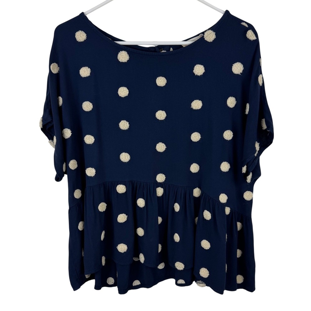 Altar'd State Navy Blue Tufted Pom Pom Polka Dot‎ Peplum Blouse Medium